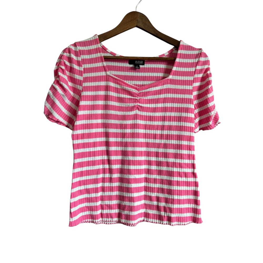 ana a new approach Pink White Stripe Ribbed V Neck Puff Sleeve Top Womens Medium